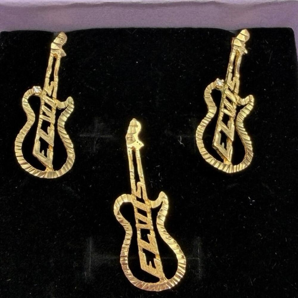 Vintage 14K Yellow Gold Elvis Guitar Pendant & Earrings Diamond Accents 6.89g